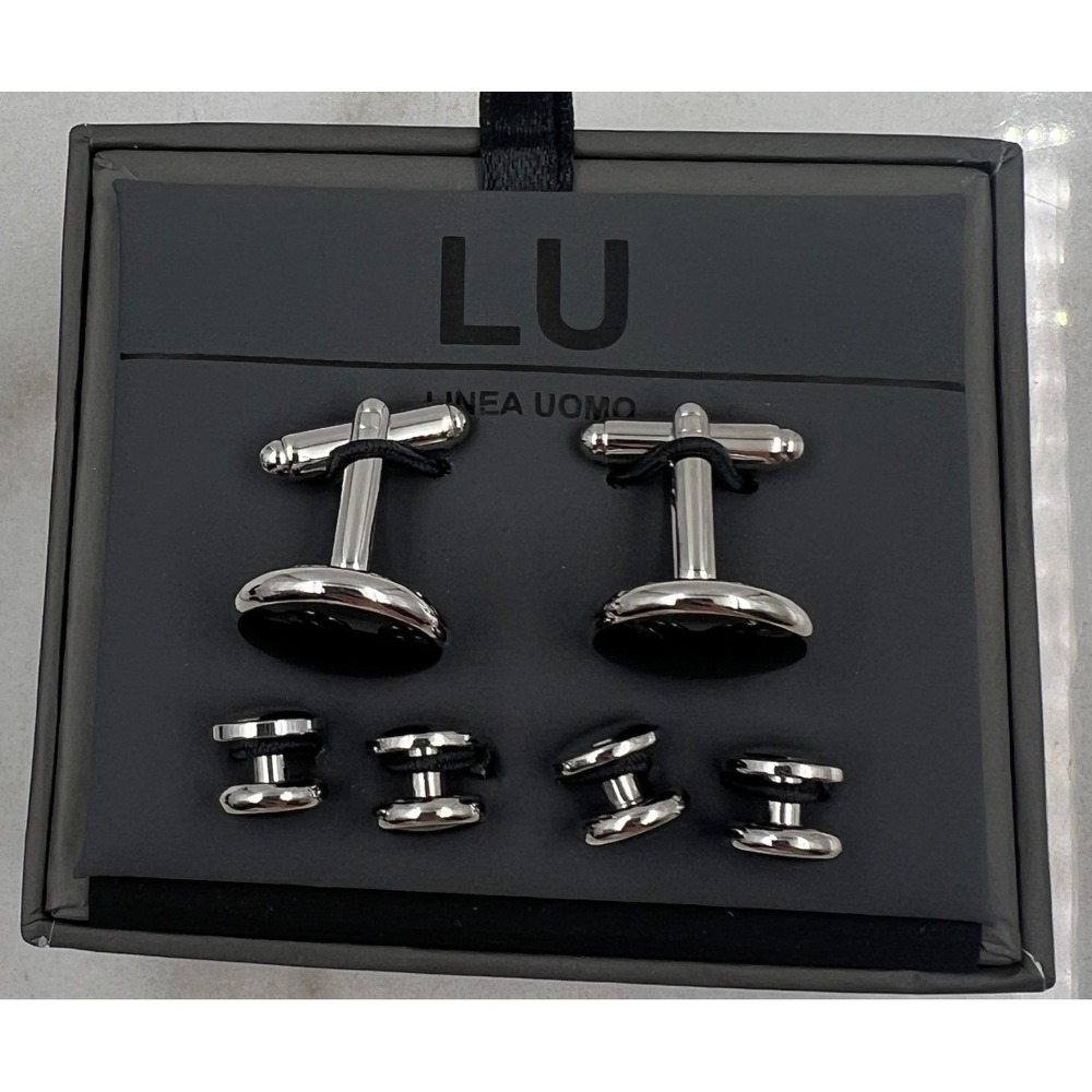 Linea Uomo Cufflinks & Stud Set Men's Silver Black Onyx Style Round NIB